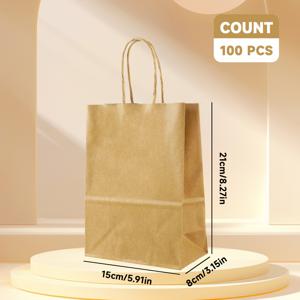 TEMU 100개 종이 봉투, 크기 5.91X3.15X8.27인치, 대량 손잡이 종이 봉투, 크라프트 종이 봉투, 쇼핑백, 소매 백, 선물 가방, 분류 용이, 보관 용이, 결혼식 및 파티 선물 포장에 적합