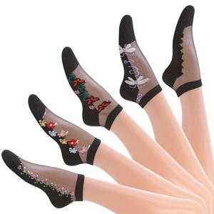 TEMU 여성용 발목 양말 5켤레 세트, 글라스 자수 양말, 봄과 여름용 흡습 통기성 양말, 유럽 및 미국 스타일 패션 데일리 숏 양말