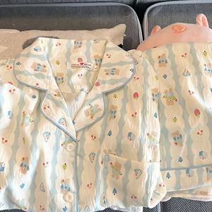 여성용 파자마 세트, 봄/여름, 귀여운 만화 곰 & 스낵 프린트 대비 , 라펠 디자인, 편안한 캐주얼 라운지웨어, 외출복으로도 착용 가능
