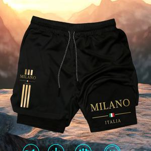 TEMU 남성용 ITALIA 프린트 속건성 이중 레이어 트레이닝 반바지 - 헬스장, 달리기에 적합한 통기성 운동용 반바지 | 신축성 허리밴드 & 드로스트링, 사이드 포켓, 야외 스포츠 & 캐주얼웨어용 세탁기 사용 가능