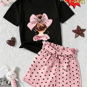 TEMU 사랑스러운 여아 스타일! 단품 한정! 1개 스위트 리본 여아 뒷모습 프린트 패턴 어린이 반팔 티셔츠, 라운드 넥 - 캐주얼하고 패셔너블하며 편안한 아동용 풀오버핏 - 봄, 여름, 가을에 딱 맞는 선택, 바지 미포함