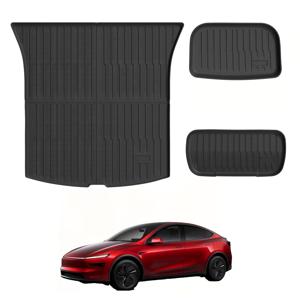 TEMU Tesla Model Y (2025-2026) 및 Model 3 (2024-2026)에 적합한 후면 트렁크 매트 3개 세트. 5인승 차량용으로 설계되었으며, 전면 및 후면 트렁크 라이너가 포함되어 있습니다.