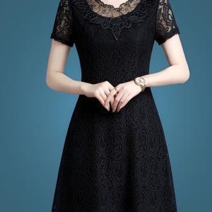 TEMU 라이트 럭셔리 사교계 명사 스타일! 블랙 자카드 레이스 드레스, 반소매, 라운드 넥, 허리가 조이는 핏, 파티 . 여성용 레이스 드레스, 2026 신상, 우아한 사교계 명사 스타일, 허리가 조이는 A라인 드레스, 연회용 칵테일 가운