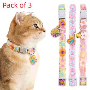 TEMU 3개 세트 고양이 레이스 꽃 칼라 고급 애완견 목걸이 벨 목걸이 링, 직조 및 벨 펜던트, 조절 가능하고 목 조임 방지, 축제 및 파티 사진용 고양이 추가품