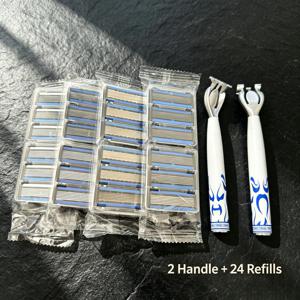 TEMU 고품질 6중 면도날 남성용 면도기, 핸들 2개 및 교체용 헤드 24개 포함, 1년 사용 가능. 미끄럼 방지 금속 핸들, 내구성 있는 스테인리스 스틸, 교체용 다양한 칼날 조합. 수염 정리에 필수. 인체공학적 그립으로 매우 부드러운 면도 경험 제공. 남성용 면도기. 선물용 박스 미포함