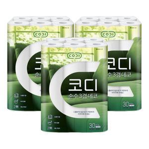 코디 순수 3겹 데코 30m 30롤 3팩 화장지 휴지 두루마리