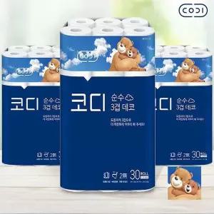 [보리보리/땡큐온]코디 순수 도톰 3겹데코 30M 30롤 x3팩 무향무잉크