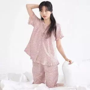 [보리보리/메이플라워]핑크잔꽃 반팔 순면 여성 빅사이즈 잠옷 세트