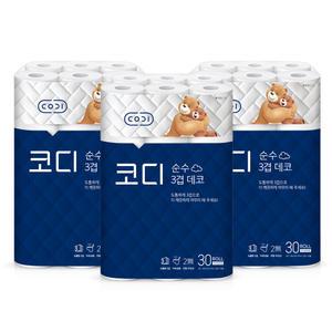 코디 순수 3겹 데코 두루마리 휴지 화장지 30M 30롤 X 3개