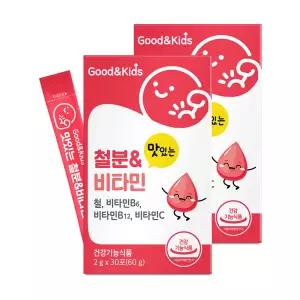 내츄럴플러스 굿앤키즈 맛있는 철분&비타민 30포 X 2개 성장기 혈액생성 딸기맛 분말타입