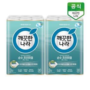 [깨끗한나라] 순수 프리미엄 3겹화장지 더클래스 30m 30롤 x 2팩