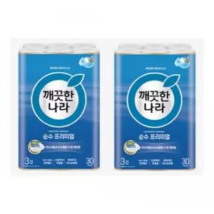 [슈퍼적립]깨끗한나라 3겹 순수프리미엄 롤화장지 27m X 30롤 1+1팩