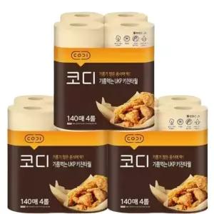 코디 기름먹는 UKP 키친타월 140매 4롤 x 3팩 무형광 무표백 천연펄프 436760