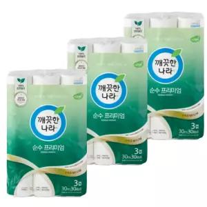 [정품] 깨끗한나라 순수 프리미엄 천연펄프 무색 무향 무형광 화장지 3겹 30m 30롤 3팩