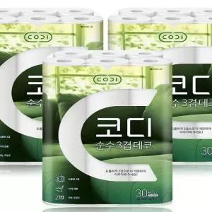 코디 순 수 3겹데코 화장지 30롤 30m 3개 두루마리 휴지 물에잘녹는 비데 x2SET(SH)