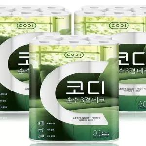 코디 순 수 3겹데코 화장지 30롤 30m 3개 두루마리 휴지 물에잘녹는 비데 x2SET(SH)