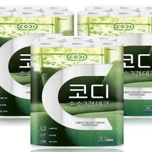 코디 순 수 3겹데코 화장지 30롤 30m 3개 두루마리 휴지 물에잘녹는 비데 x2SET(SH)