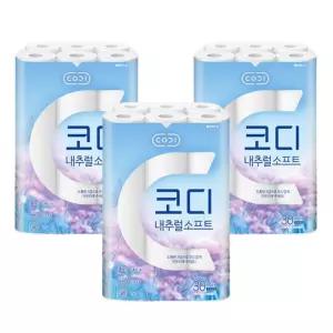 화장지 코디 내추럴 소프트 3겹 27m 30롤 3개 욕실 청소