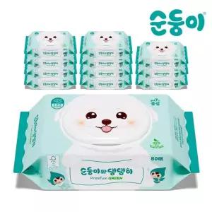 순둥이 댕댕이 프리미엄 그린 강아지 생분해 물티슈 캡형 80매 12팩