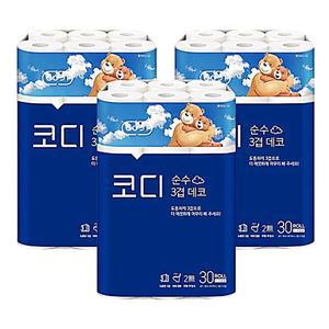코디 데코순수 3겹 30롤 휴지x3개 화장지 두루마리 생필품