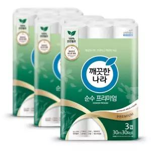 깨끗한나라 화장지 3겹 순수프리미엄 30m 30롤 3팩