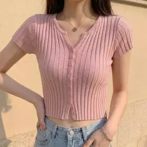 브이넥 골지 단추 크롭 반팔 니트티 여름 여성 상의