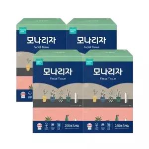 모나리자 눈금창 미용티슈 250매 3입 4팩 (총12입) 무형광 무향 무색 천연펄프 곽티슈 각티슈