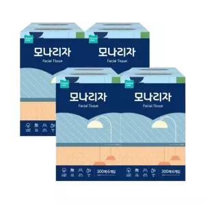 모나리자 미용티슈 300매 6입 4팩 (총24입) 무형광 천연펄프 곽티슈 각티슈
