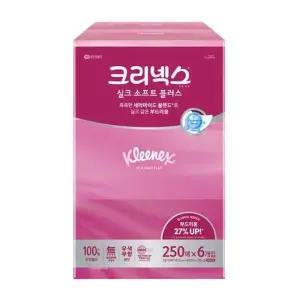 크리넥스 실크소프트 250매 6입 천연펄프 미용티슈 각티슈 곽티슈