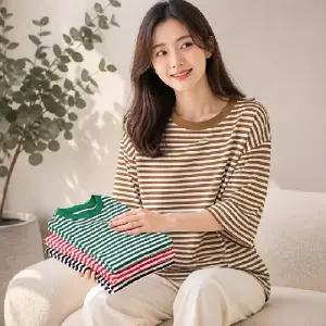 여성 7부 줄무늬 티셔츠 시원한 냉감 의류 찰랑이는 소재