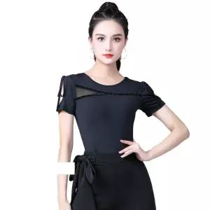 트레이닝 라틴 반팔 댄스 상의 여름 운동복 복장 라인댄스상의 사교 의상 프릴 라틴댄스