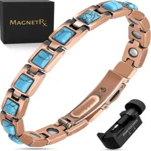 여성용 MagnetRX 순수 구리 팔찌 - 청록색 스톤이 있는 초고강도 자성 사이즈 조절 도구 클래식 가능한