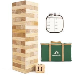 APUDARMIS 자이언트 텀블 타워(2피트에서 4.2피트 이상 스택) 54 PCS 소나무 나무 쌓기 목재 게임 주사위 세트 1개 - 청소년 성인 가족을 위한 클래식 블록 야외