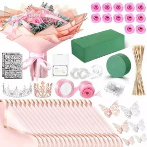 메이싱 발렌타인데이 머니 부케 키트 12개 글리터 로즈 20장 꽃 포장지 DIY 꽃다발 블록 스티커 핑크