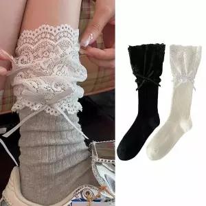 홀리지 루나 여성 발레 레이스 리본 중목 양말