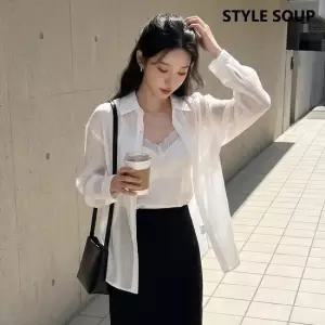 SOUP 백 슬릿 리본 타이 시스루 셔츠 SC4LSE1)