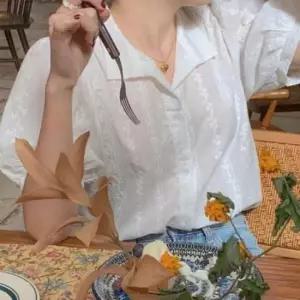 블라우스 반팔 시스루 퍼프소매 프릴 상의