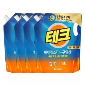 (액체세제)테크 베이킹소다+구연산 액체세제 일반/드럼 겸용 1.8L 4개