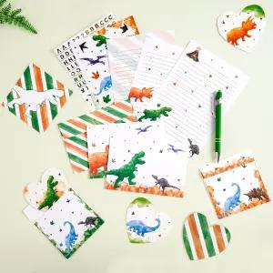WERNNSAI 69 PCS 문구류 편지 및 봉투 공룡 세트 쓰기 종이 인사말 카드 스티커 볼펜을 소지한 소년을 위한
