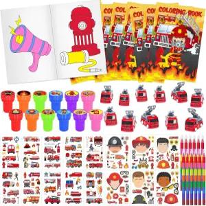 신로 72 PCS 소방관 컬러링 북 파티 세트 구디백 필러 소방차 생일 용품 DIY 스티커 타투 경품 홈