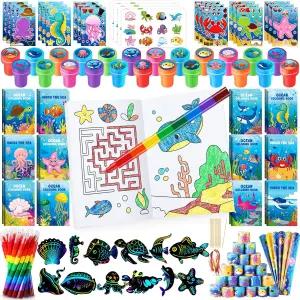 벤루이 96Pcs 언더 더 씨 파티 들을 위한 바다 동물 색칠 책 세트 대량 제공 인어 구디 백 필러 학교 선물