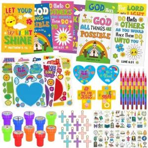 Cinrobiye 72 PCS 성경 색칠공부책 파티 기념품 세트 종교 기독교 생일 용품 DIY 씬 스티커 임시 타투 교회