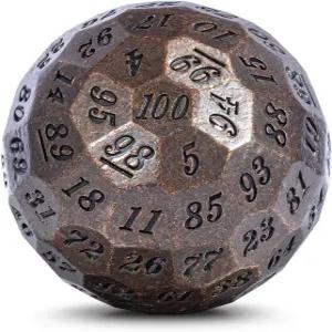 DNDND 고대 구리 금속 D100 주사위 싱글 100면 50mm 다면체 케이스와 벨벳 파우치 검은색 숫자의