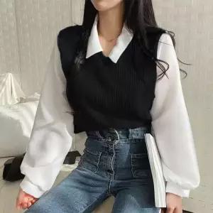 블라우스 카라 니트 오피스룩 출근룩 페이크 배색 긴팔