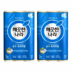 깨끗한나라 3겹 순수프리미엄 롤화장지 27m X 30롤 2팩