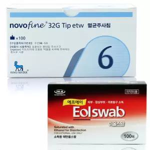 노보파인 인슐린 일회용 주사기 주사바늘 펜니들 100입[32G 6mm+알콜솜 100매]