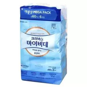 변기용물티슈 크리넥스 마이비데 클린케어 화장실용 물티슈 x 대용량 엠보싱 비데티슈 60매 6팩