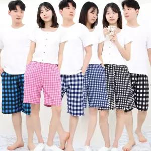 커플 체크 반바지 9부바지 잠옷바지 남성 여성 파자마 린넨 아사 지지미 홈웨어 커플룩