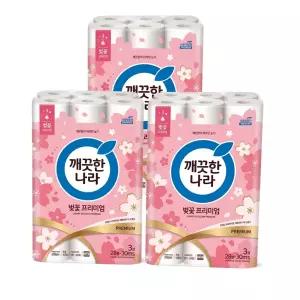 깨끗한나라 벚꽃 프리미엄 28m 30롤 x 3팩