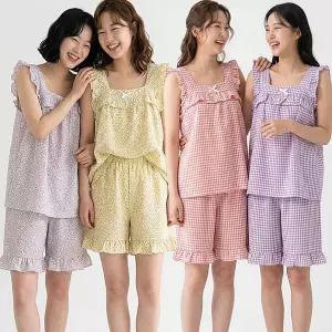 키치나시세트/여름잠옷/체크/플라워/고방/꽃무늬/나시잠옷/프릴/수면/냉감/반바지/주니어/여성/상하세트/이지웨어/홈웨어/커플/해외여행/바캉스/휴가